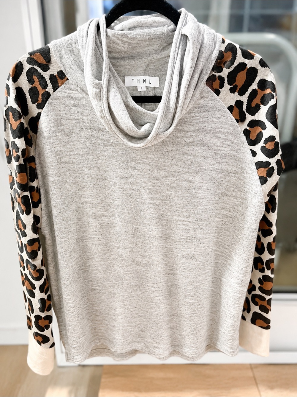 THML Light Gray Cowl Neck Sweater with Leopard Print Raglan Sleeves